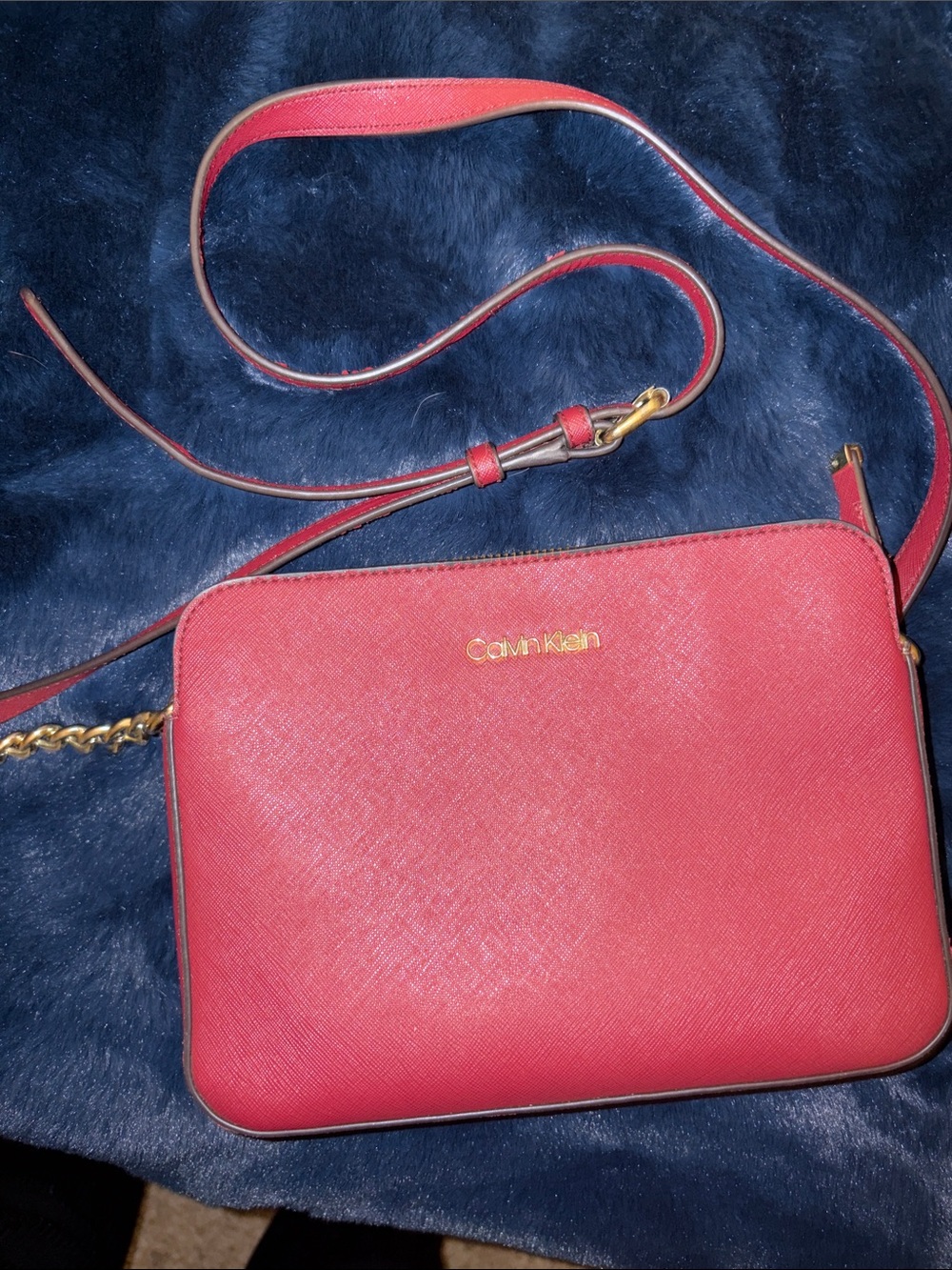 Calvin Klein Red Leather Crossbody with Gold Accents